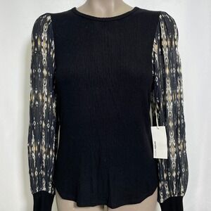 Fifteen Twenty Black Ikat Ribbed Knit Metallic Sheer Sleeve Top Womens LARGE NWT